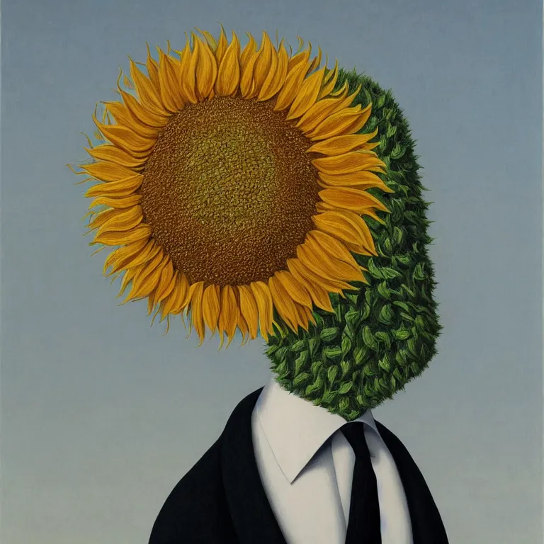 Image similar to portrait of a faceless sunflower - head man in a suit by rene magritte, detailed painting, distance, centered, hd, hq, high resolution, high detail, 4 k, 8 k