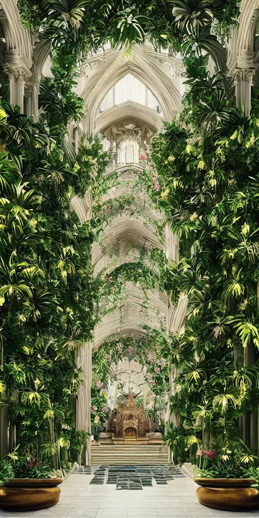 Image similar to grand cathedral interior with koi pond in the middle surrounded by palm trees, ivy, flowers, tropical plants, roses, and with archways, rendered in octane render with photorealistic lighting, cinematic, horizontal symmetry