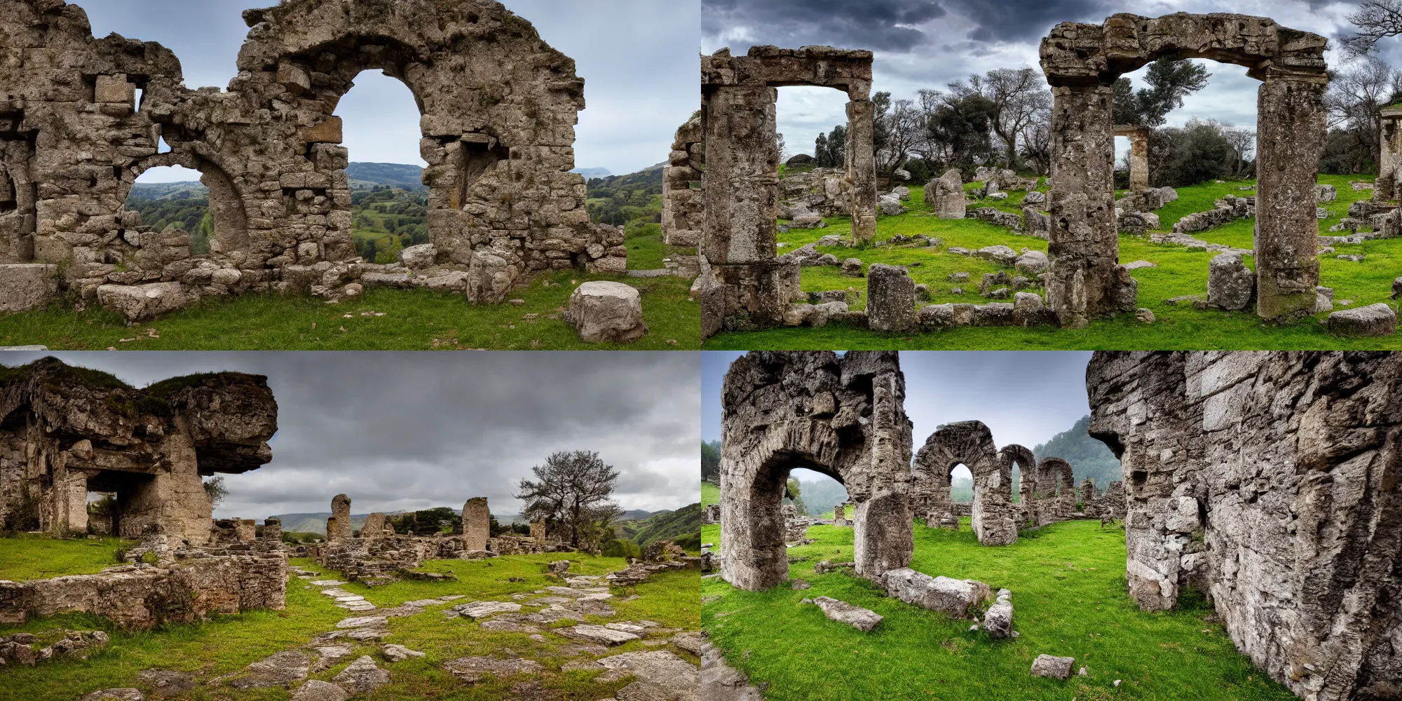 Prompt: Photograph of an ancient roman ruin, cracked stone, tree covered hills in the background, winding path in foreground, 4k, wallpaper