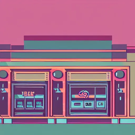 Image similar to art deco vaporwave illustration of a gaming store in a mall in pastel colors