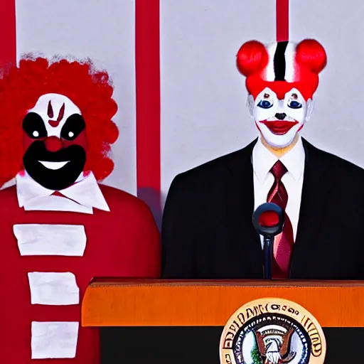 Image similar to string puppet of a president with clown makeup in a podium and a human shadow behind