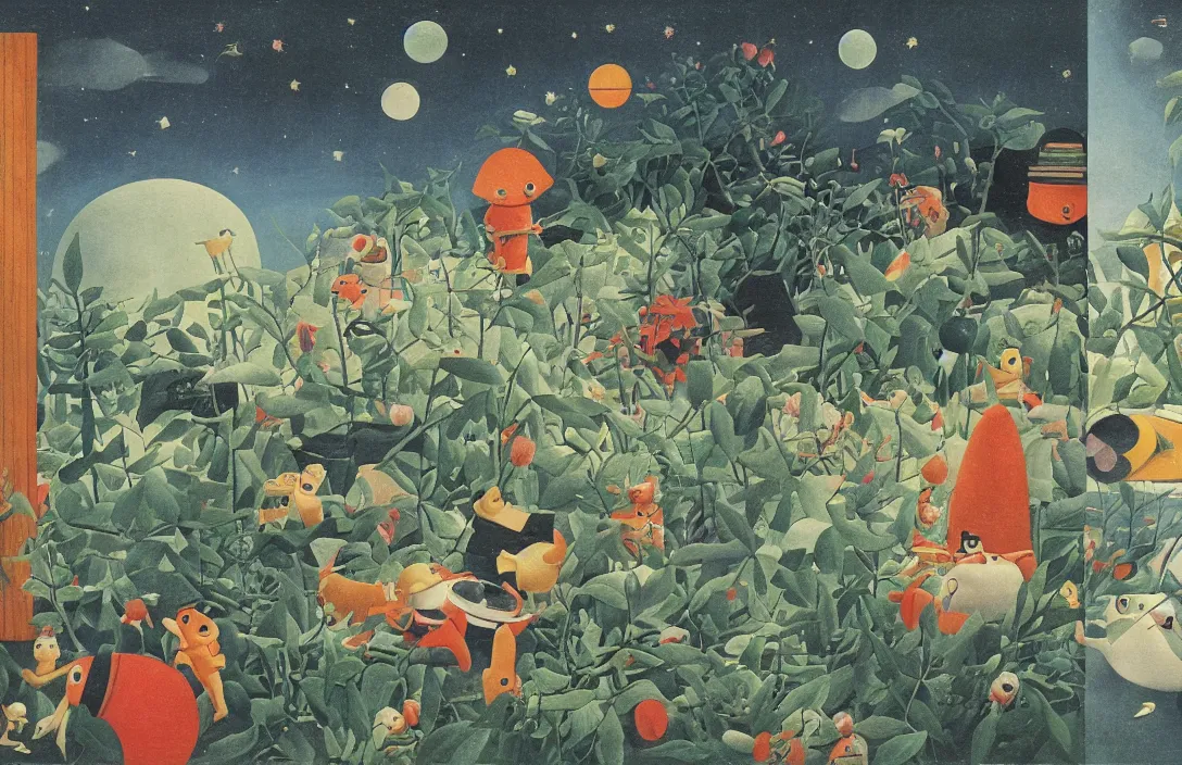 Image similar to the three body problem, style of henri rousseau and richard scarry and hiroshi yoshida, cinematic