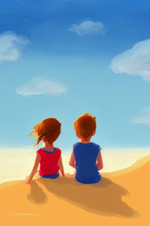 Prompt: Two children sitting on the beach, making sandcastles, blue sky, digital painting, artstation, children's book, smooth, sharp focus, behance, HD, by Benji Davies