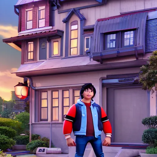 Image similar to hiro hamada standing in front of his home in san fransokyo, close up, pixar film, big hero 6, hyper detailed, digital art, trending on artstation, cinematic lighting, studio quality, smooth render, unreal engine, octane render