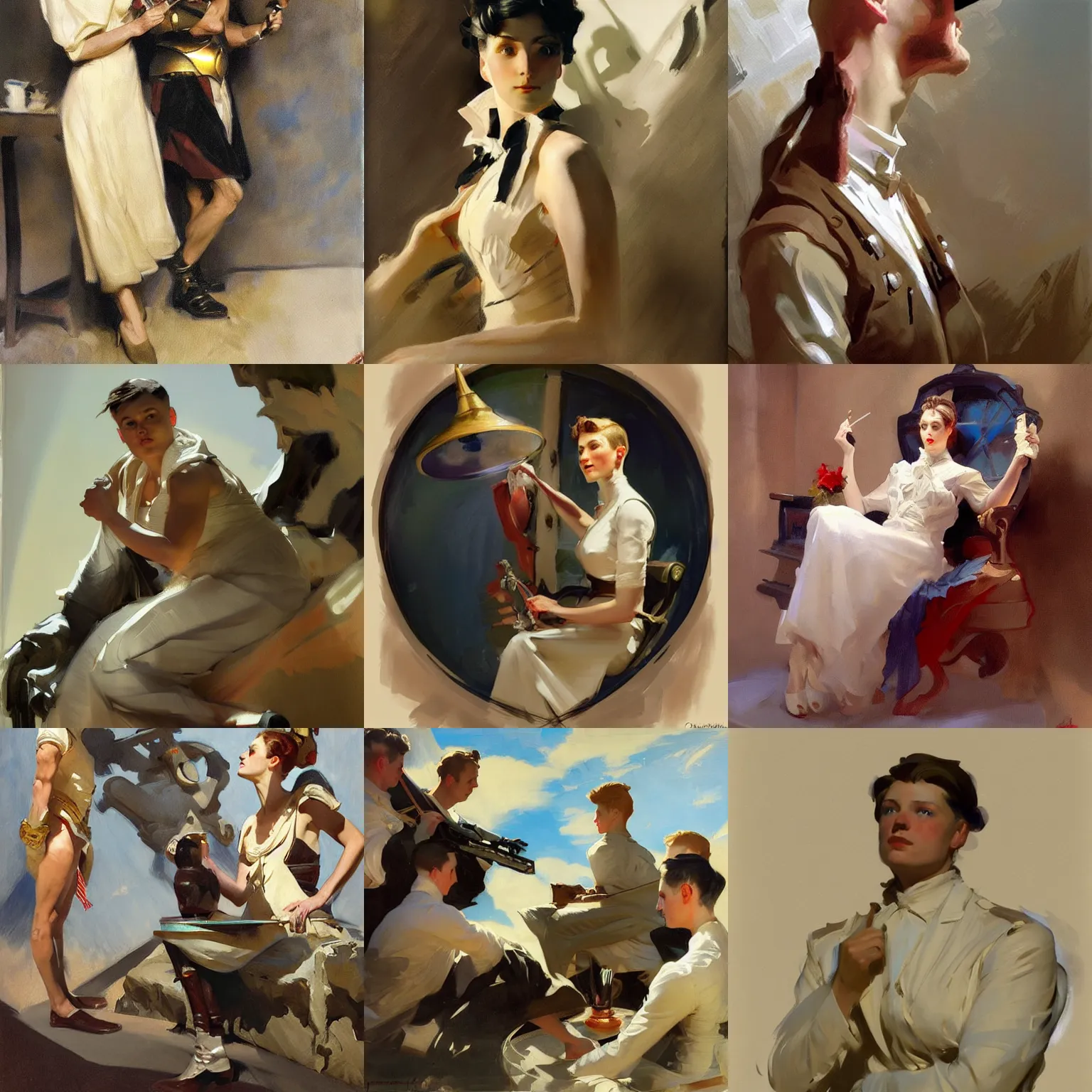 Prompt: painting by sargent and leyendecker. game concept art.