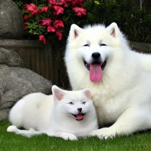 Prompt: A photo of a Samoyed dog with its tongue out hugging a white Siamese cat.