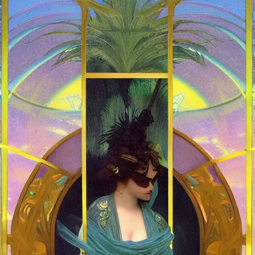 Image similar to Demon Girl at the palace, refracted sparkles, thunderstorm, greek pool, beach and Tropical vegetation on the background major arcana sky, by paul delaroche, alphonse mucha and arnold böcklin, hyperrealistic 8k, award-winning, very very very detailed