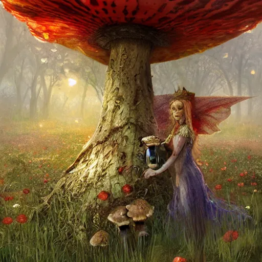 Prompt: a very cute faerie queen in a amanatia muscaria mushroom field, epic fantasy style art by Craig Mullins, fantasy epic digital art, epic fantasy card game art by Greg Rutkowski