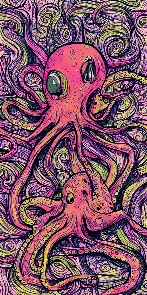 Image similar to psychedelic portrait of an angry octopus, cartoon illustration, finely detailed, photorealistic illustration, “ go away ”,