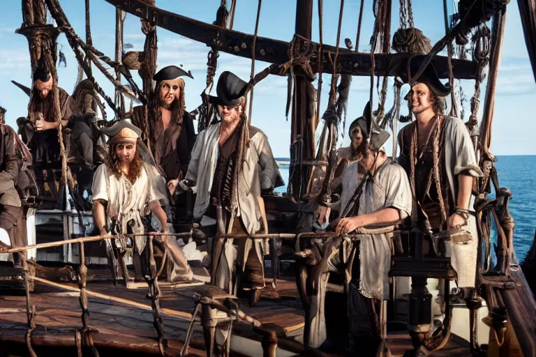 Prompt: closeup movie pirate crew on an old pirate ship, by emmanuel lubezki