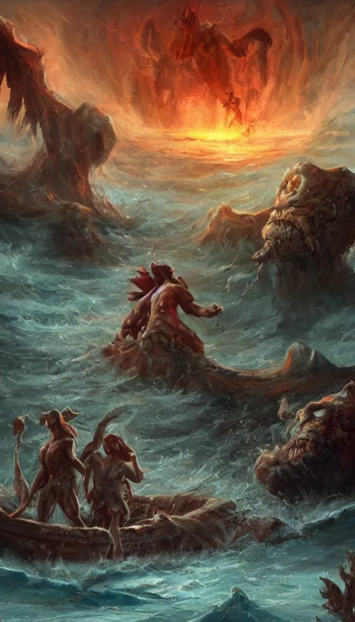 Prompt: man on boat crossing a body of water in hell with creatures in the water, sea of souls, by disney concept artists