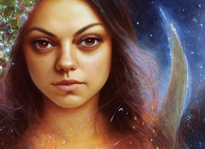 Image similar to Mila Kunis staring into the camera, misty wisps, Lilia Alvarado, Sophie Anderson, Mark Arian, Bob Byerley, Charlie Bowater, Mark Brooks, Steve Henderson, Justin Gerard, Arthur Hughes, Edward Robert Hughes, Mark Keathley, Victor Nizovtsev, Carlos Shwabe, Ross Tran, WLOP