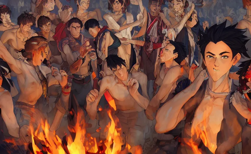 Prompt: a village of tribal people dancing around a bonfire, digital painting masterpiece, advanced lighting technology, stylized yet realistic anatomy and face, gorgeous, by reiq and bengus and akiman and shigenori soejima and bastien vives and balak and michael sanlaville, 4 k wallpaper, cinematic, gorgeous brush strokes, coherent, smooth