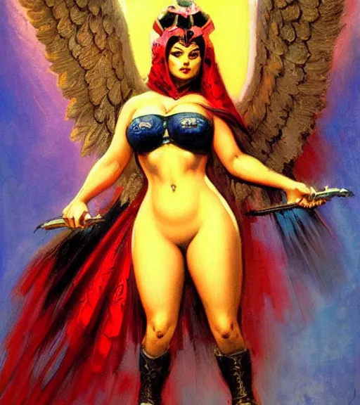 Image similar to portrait of plus size iranian female chaos angel, beautiful! coherent! by frank frazetta, by brom, strong line, vivid neon color, shining metal power armor, iron helm, high contrast, maximalist