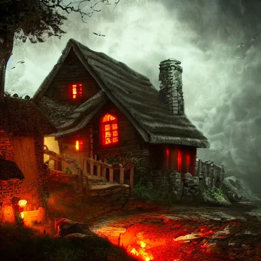 Image similar to cottage on a hillside in the depths of hell, dangerous hallways filled with bandits, violent, scary, intense, cinematic film, photography, digital painting, gorgeous, 4 k wallpaper