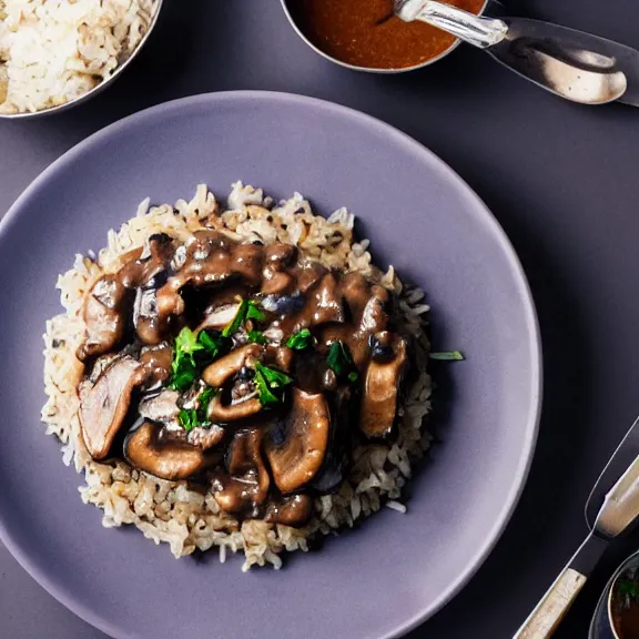 Prompt: brown mushroom sauce on rice, michelin star