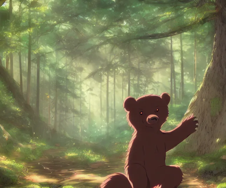 Image similar to bear in a forest, anime fantasy illustration by tomoyuki yamasaki, kyoto studio, madhouse, ufotable, comixwave films, trending on artstation