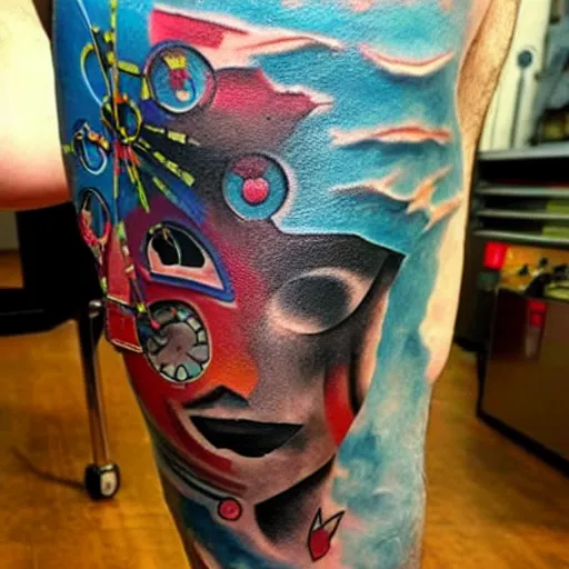 Image similar to leg tattoo of a 3 dimensional hole in the skin with multicolored tubes and robotic mechanics inside under the skin, insanely integrate,