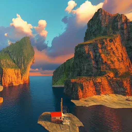 Image similar to a fishing village in a lake with cliffs covered with clouds, golden hour colors and light, epic perspective, wide angle lens, insane graphics unreal engine