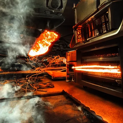 Image similar to cyborg toaster oven repairman, dark messy smoke - filled cluttered workshop, dark, dramatic lighting, orange tint, sparks, plasma rays, cinematic, highly detailed, sci - fi, futuristic, movie still