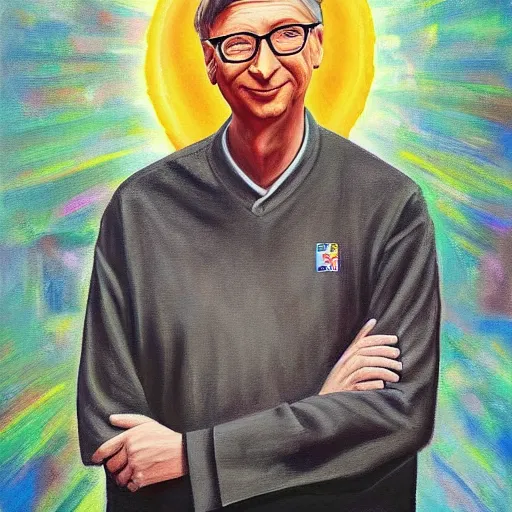 Image similar to this is a painting with the theme bill gates inner peace on the artstation trending page of year 2 2 2 2