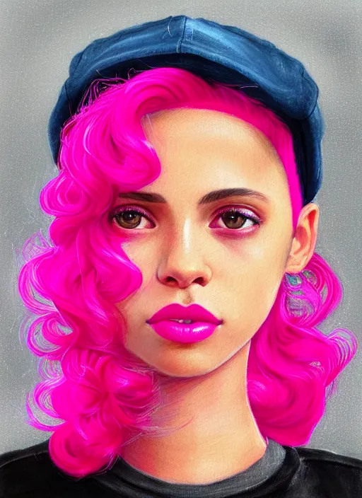 Image similar to portrait of teenage vanessa morgan with bright pink hair, black girl, curly pixie cut hair, wearing newsboy cap, pink short haircut, newsboy cap, hoop earrings, blue eyes, intricate, elegant, glowing lights, highly detailed, digital painting, artstation, concept art, smooth, sharp focus, illustration, art by wlop, mars ravelo and greg rutkowski