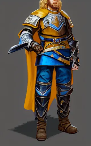 Image similar to highly detailed concept art of a rugged young knight with blonde hair and blue eyes and a short beard wearing a blue shirt and a yellow cape and leather boots holding a shield and a warpick, by Piotr Dura, concept art, realistic, masterpiece, ArtStation