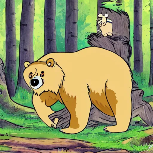 Prompt: a Finnish cartoon, about a bear who lives in the woods, anime style, Finnish cartoon