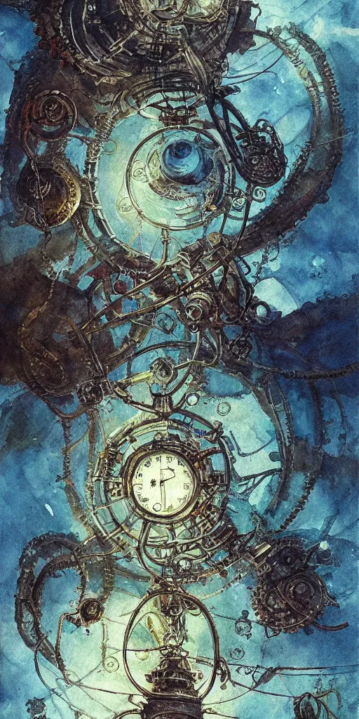 Image similar to a lovecraftian expressive water colour of a steampunk planet by josep tapiro baro in the style of romanticism art, dynamic lighting