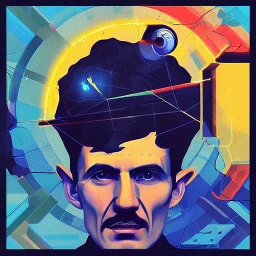 Prompt: visionary inventor nikola tesla profile picture by sachin teng and artgerm, art style by midjourney, masterpiece, organic painting, matte painting, technical geometrical drawing shapes, lightning electricity coil, hard edges, graffiti, street art by sachin teng