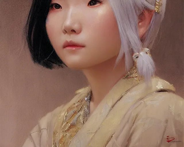 Image similar to a japanese princess young lady, with white hair and bangs!!!! beauty. highly detailed painting by gaston bussiere, craig mullins, j. c. leyendecker 8 k