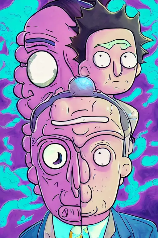 Image similar to portrait concept art painting of alternate reality rick and morty, artgerm, moebius, inio asano, toon shading, cel shading, smooth, calm, tranquil, vaporwave colors,
