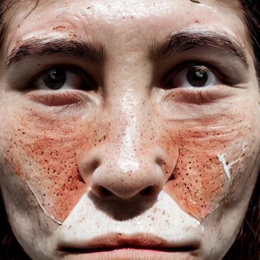 Prompt: minimalist photography portrait of a neanderthal woman, symmetrical, super close up, facial scar, mid thirties, freckles, cute round slanted eyes, sunburn, wide nostrils, high cheekbones, high flat eyebrows, ethereal essence, angelic, leica 1 0 0 mm f 0. 8