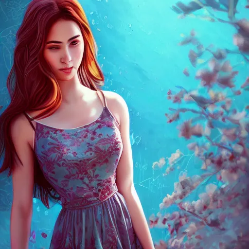 Prompt: beautiful young woman in a sundress, trending on artstation, intricate details, in the style of samdoesarts and rossdraws, hyperrealistic, 4 k, dynamic lighting