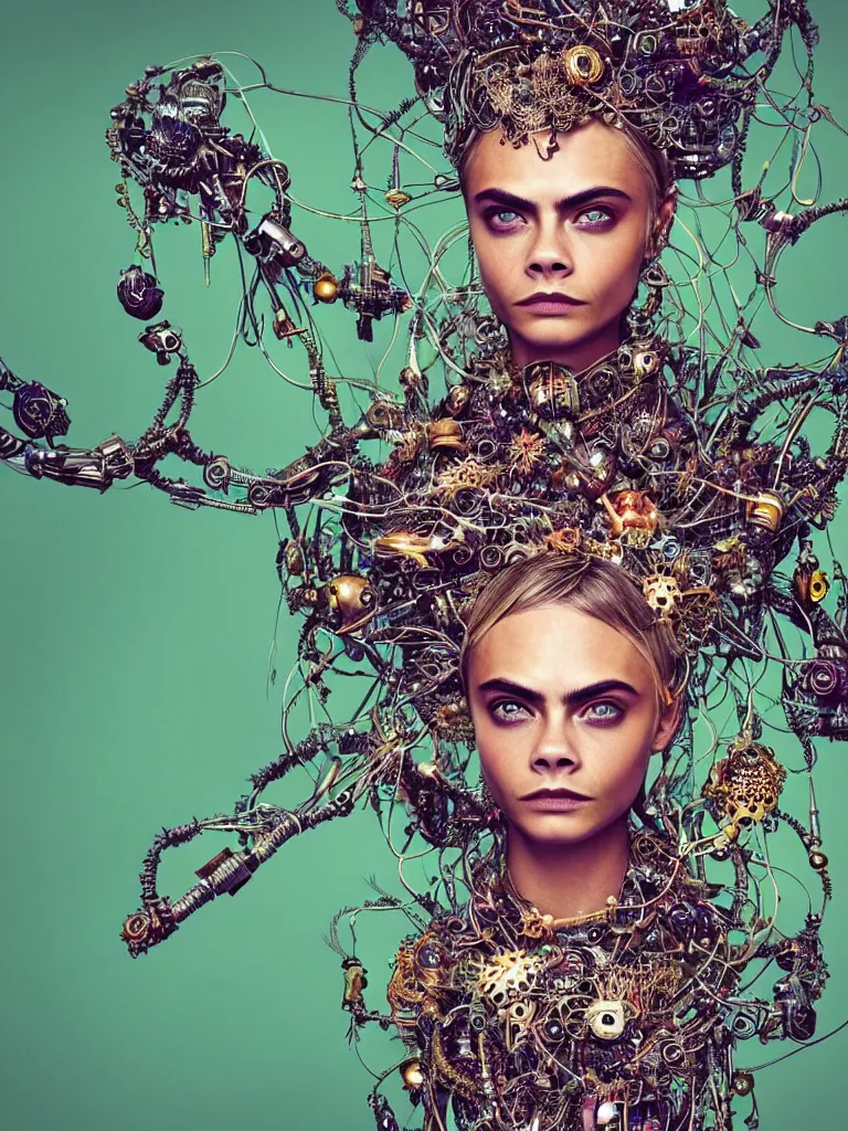 Prompt: a photo real centered image of cara delevingne beautiful tribal goddess surrounded by intertwining bio - mech tendrils made of machine and robot parts and gemstones and leaves and feathers and incense smoke, full body, gorgeous face, perfect face, powerful, by james jean, by ross tran, 3 d, cinema 4 d render, trending on artstation, octane render, 8 k