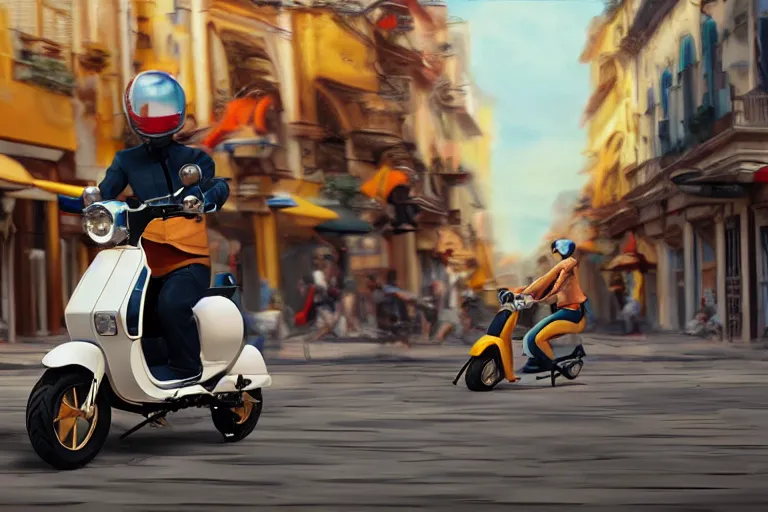 Image similar to moped scooter racing on the street, by etienne dinet, high details, 4 k, golden composition, artstation cgsociety