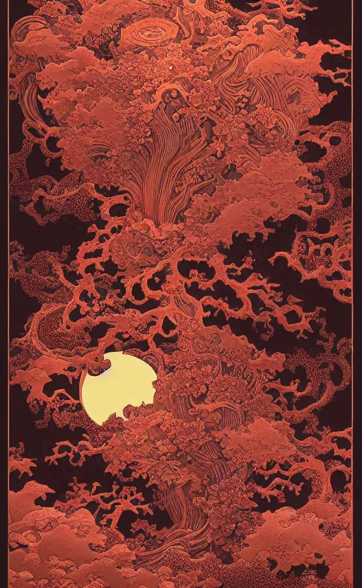 Image similar to masterpiece dark red paper with intricate designs, tarot card, a mandelbulb fractal southeast asian diety statue, full of golden layers, flowers, clouds, vines, mushrooms, swirls, curls, wave by Hokusai and Mike Mignola, trending on artstation, elaborate illustration, beautiful hands close to a candle in dark room, cinematic, powerful, moon beams dramatic light, highly, intricate elements, detailed, digital painting, artstation, concept art, sharp focus, illustration, art by artgerm