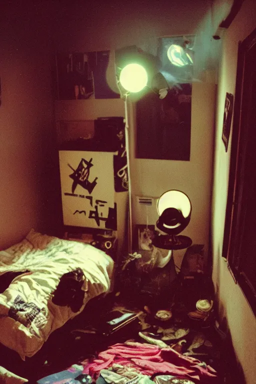 Image similar to agfa vista 4 0 0 photograph of a cluttered 9 0 s teenagers goth punk rock bedroom, synth vibe, vaporwave colors, lens flare, moody lighting, moody vibe, telephoto, 9 0 s vibe, blurry background, grain, tranquil, calm, faded!,