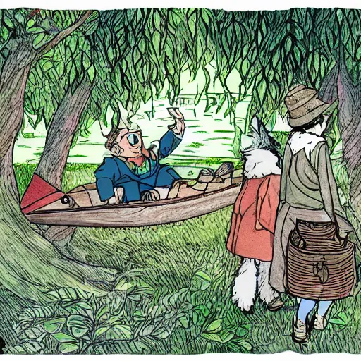 Image similar to colored illustration, for The Wind in the Willows, in style of studio ghibli