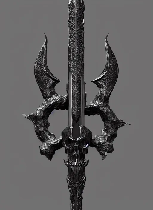 Image similar to a black great sword mini skull crest, orthographic, ornament, weapon, a 3 d render by dom qwek, front side, concept art, trending on polycount, artstation, hard surface modeling, rendered in maya, zbrush, hd, vray, blizzard, symmetry