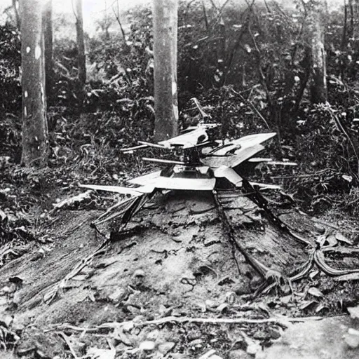 Prompt: a 1900s photo of a gundam found abandoned in a cambodian forest,