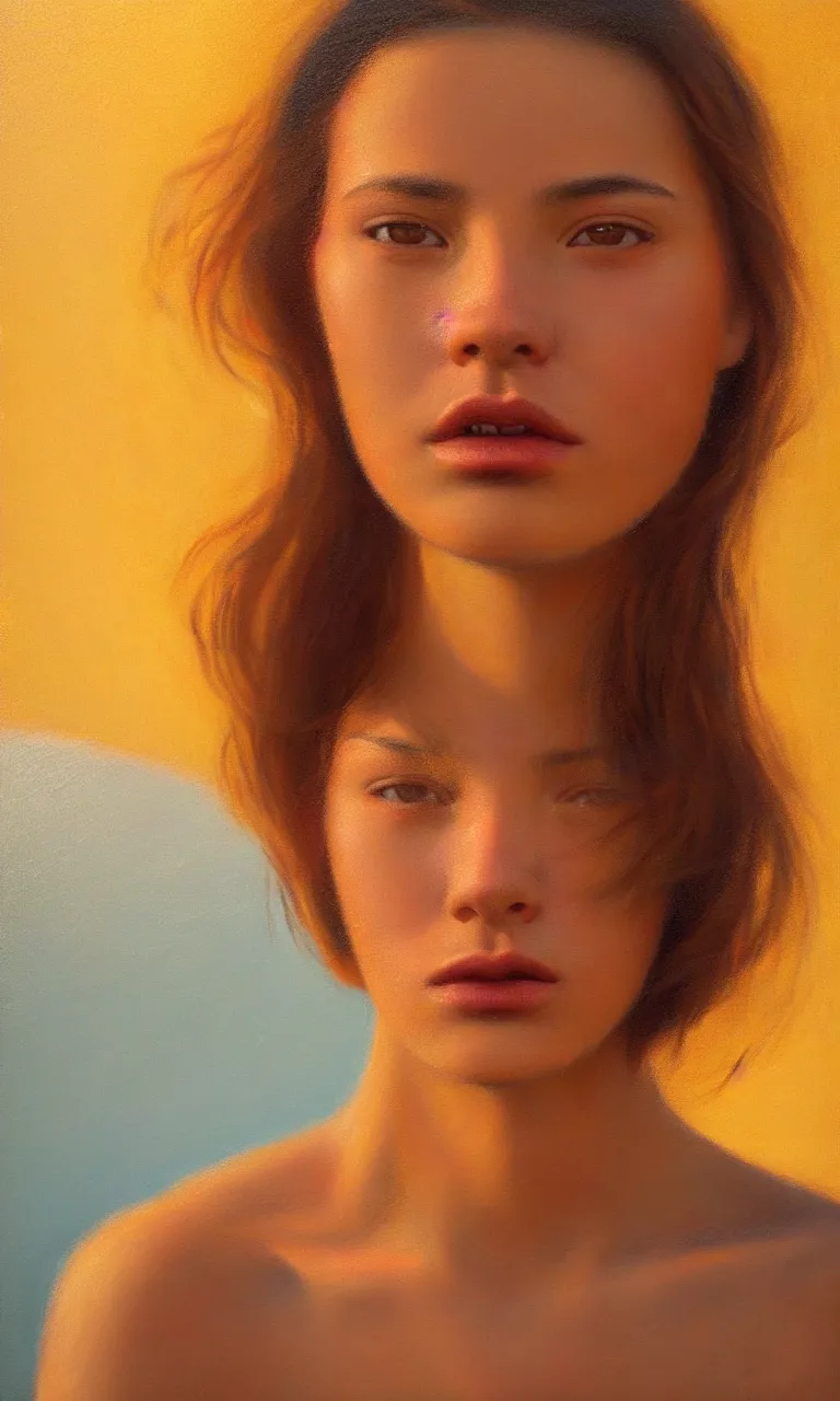 Image similar to a face portrait of a beautiful girl enjoying the warm sunlight, cuban setting, close - shot, symmetrical face, warm colors, soft lighting, atmospheric, cinematic, moody, in the style of diego koi, gina heyer, luiz escanuela, art by alyssa monk, hyperrealism, rule of thirds, golden ratio, oil on canvas, 8 k