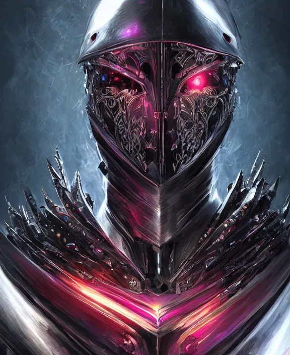 Prompt: the omnipotent assassin, vivid award winning digital artwork, intricate black sharp iridescent hooded semi - cybernetic armour, beautiful iridescent technology and weapon, long sharp spikes, glowing face, detailed realistic, specular colors, ornate colored gems, character art by greg rutkowski and artgerm