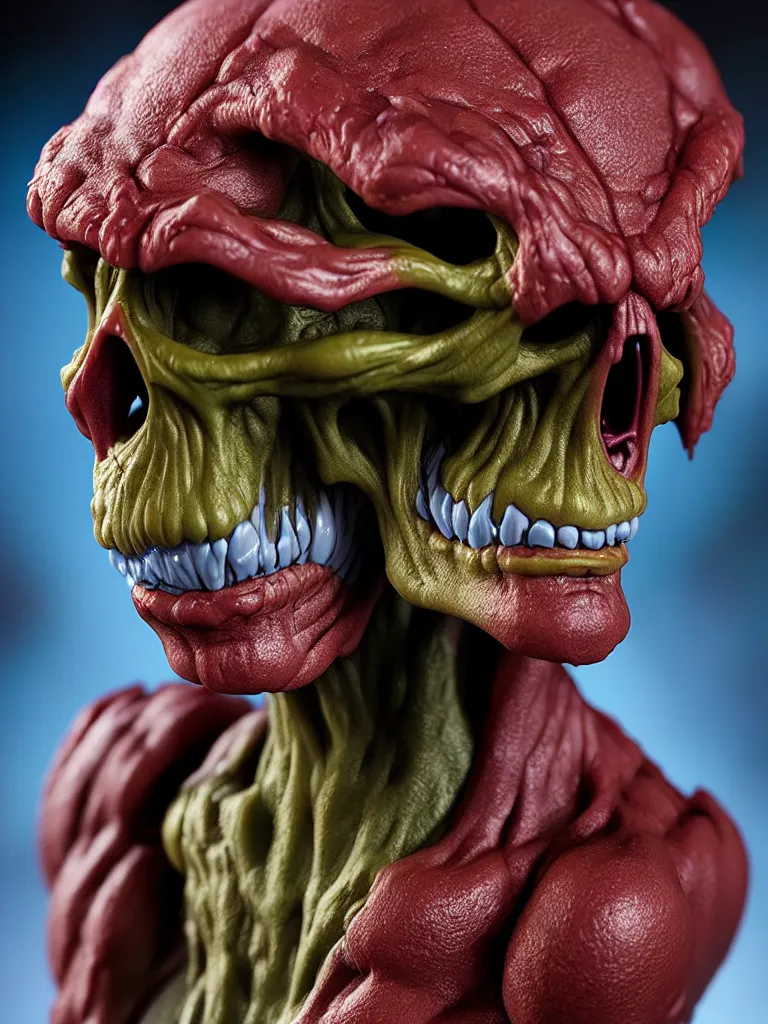 Image similar to hyperrealistic rendering, skeletor face by bernie wrightson and killian eng and joe fenton, product photography, action figure, sofubi, studio lighting, colored gels