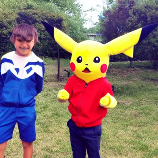 Prompt: a kid dressed up as pikachu zaps his dad