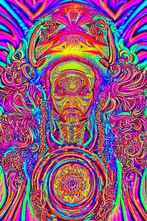 Image similar to a detailed digital neon illustration art of the man from burning man in the style of Alex Grey, lisa frank, psychedelic, fantasy, 8k, ornate, intricate, symmetry