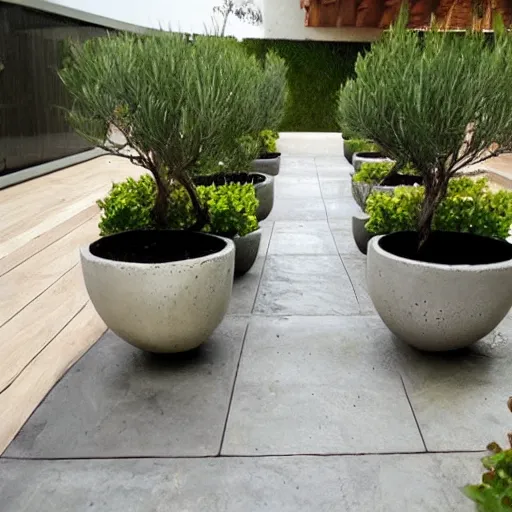 Image similar to creative concrete pots with seatings, olive trees, wpc decking on the floor