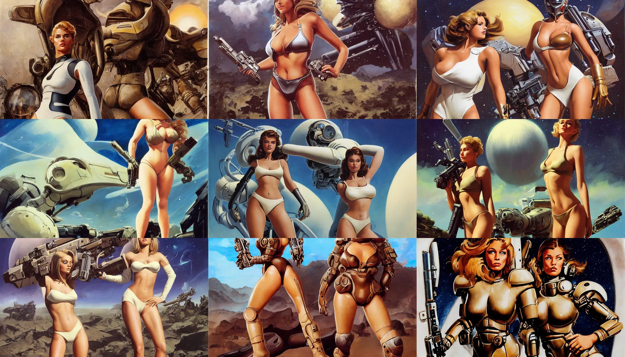 Prompt: A mixed media portrait painting of a very beautiful light-brown-haired woman on an alien planet, very curvy, aesthetic! high-waisted white-bikini-armor and boots, cybernetics, starship-troopers-rifle, aesthetic symmetrical face and eyes, model, wet, pacific-rim-mech in background, by Frank Frazetta, Boris Vallejo, Beeple, Greg Rutkowski, Christian MacNevin, eighties pinup style, epic fantasy character art, high fantasy, CGsociety, exquisite detail, post-processing, masterpiece, cinematic