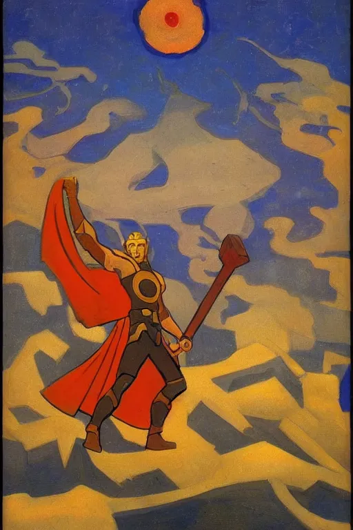 Image similar to thor, marvel, artwork by nicholas roerich,