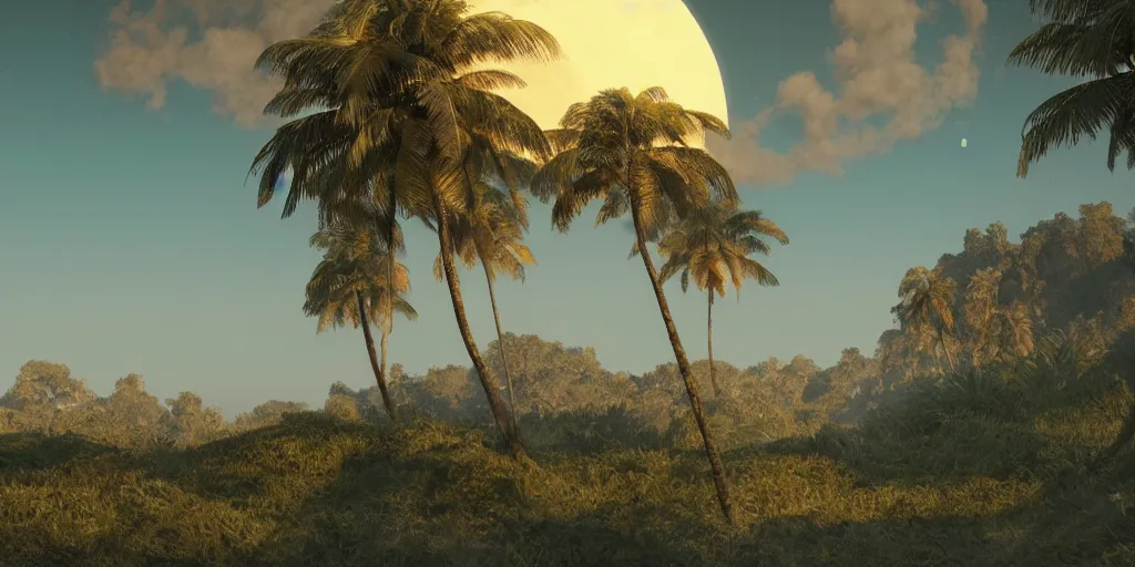 Prompt: beautiful landscape of a tropical moon, trending on art station, photoreal, 8k, octane render